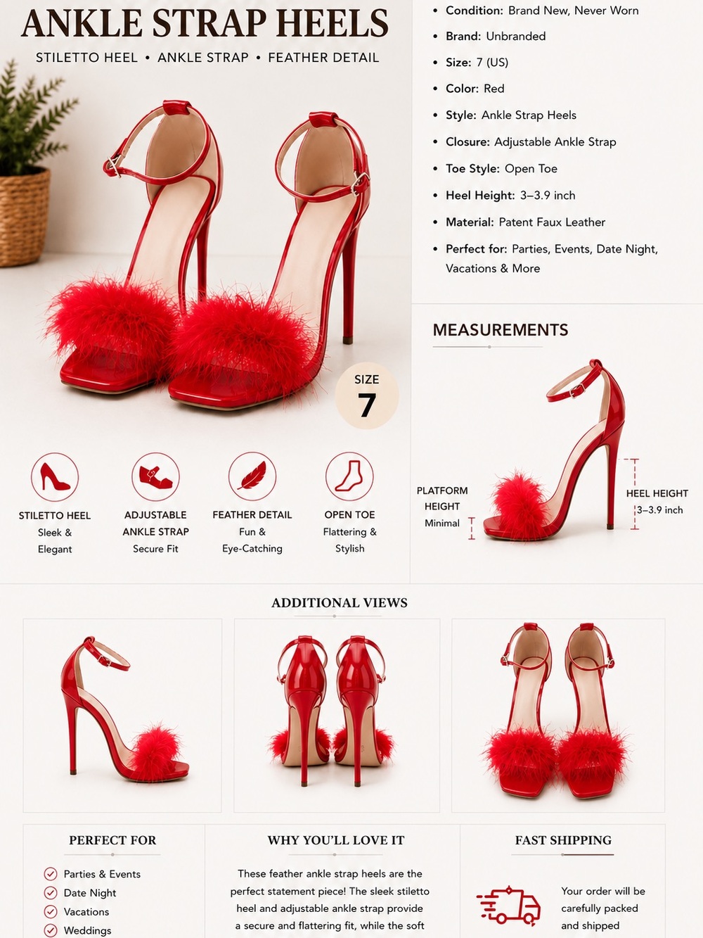 Red Feather Stiletto Heels Size 7 Glam Party Sandals
